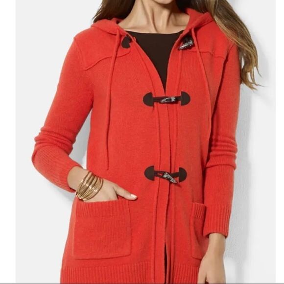 Lauren Ralph Lauren Sweaters - Ralph Lauren, LRL Orange Hooded Toggle Front Long Cardigan